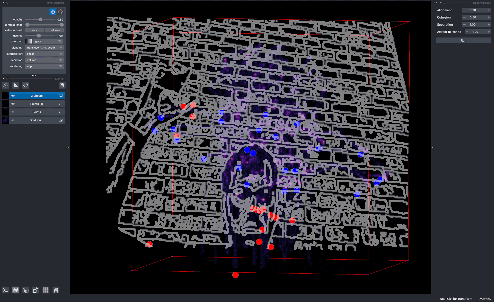 Painting a 3D volume using a swarm controlled by body.