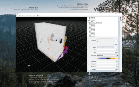 Cover image for sciview. Shows a schematic of the sciview UI with an electron microscopy image that contains segmented neurons.